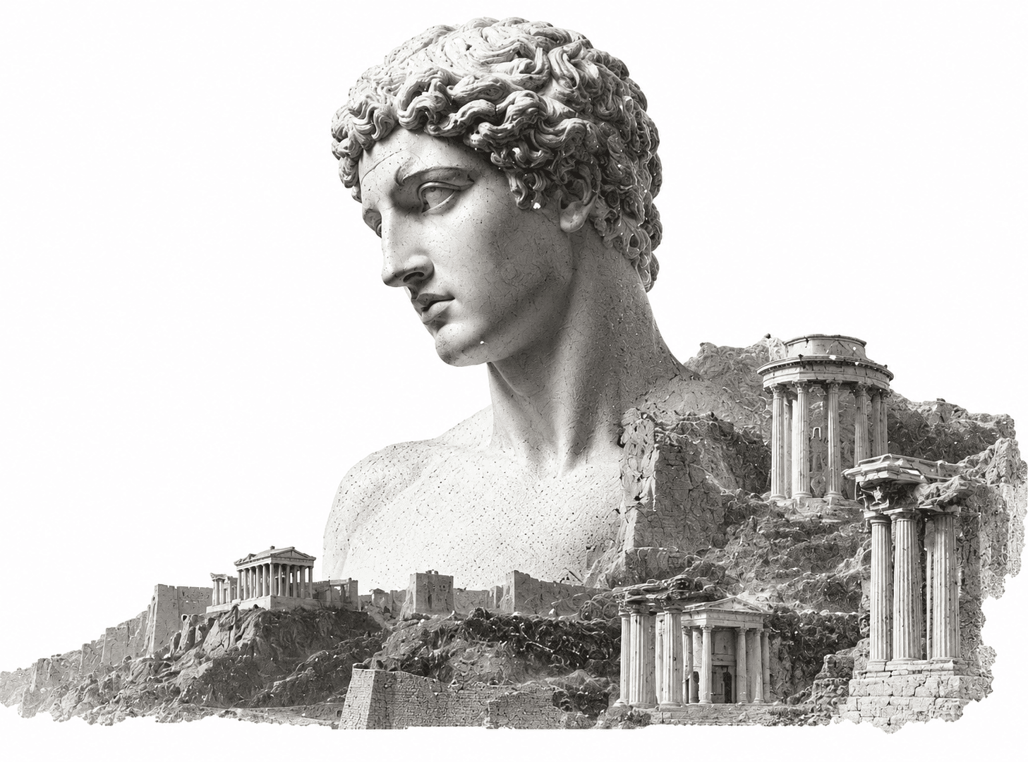 Classical Plutus statue, ruins, ledger status, and financial architecture collage